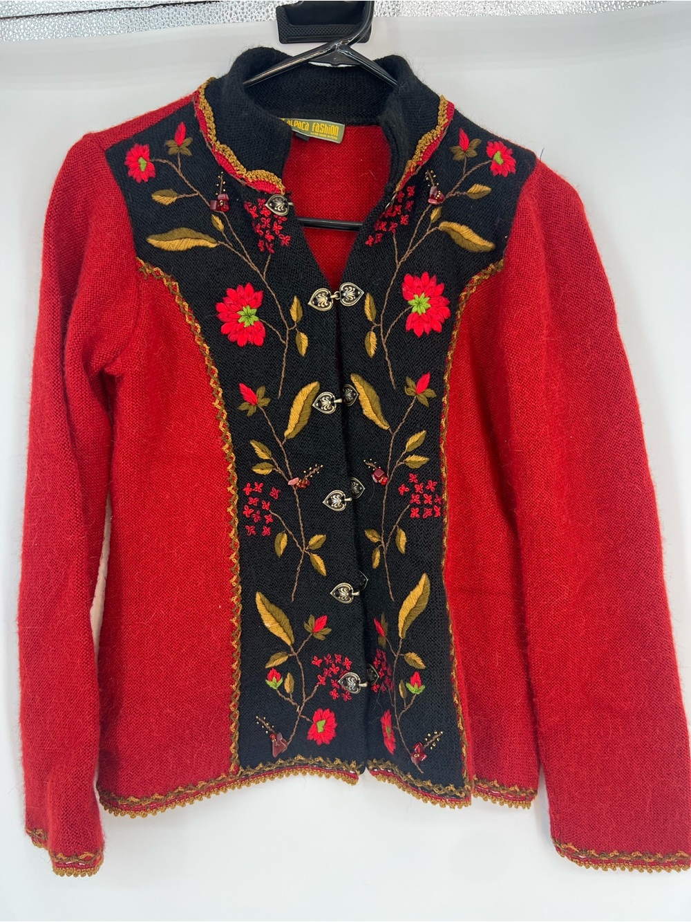Alpaca Red Floral Embroidered Cardigan Sweater with Black Trim